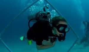 Two scuba divers underwater, one carrying the other on their back. Both are wearing masks, fins, and breathing apparatus. A square metal frame surrounds them against a blue ocean backdrop, with bubbles rising around them.