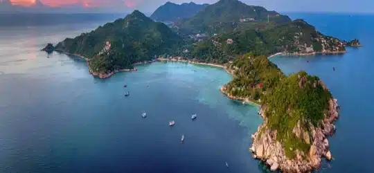 An aerial view of Koh Tao, revealing lush green hillsides meeting pristine white sand beaches and a calm, turquoise ocean dotted with Scuba diving boats.
